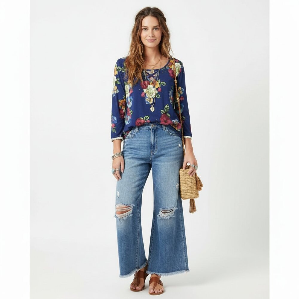 Claudia Richard Womens‎ Blue Lace Trim Floral Blouse Size Small Dainty Feminine